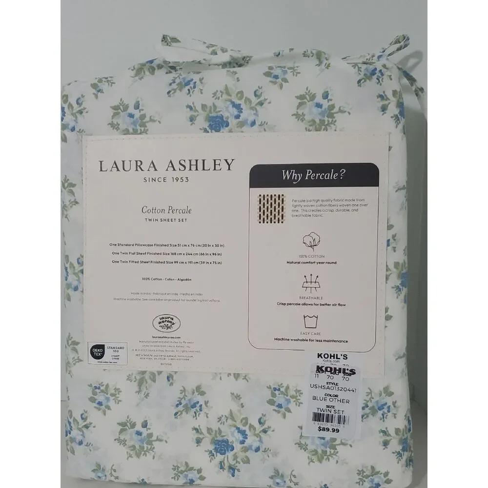Laura Ashley Twin 100% Cotton Percale Blue Floral Sheet Set NIP